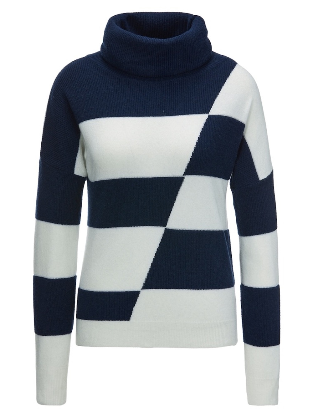 Madeleine Turtleneck Colorblock Italian Wool Knit Sweater Navy White Silver